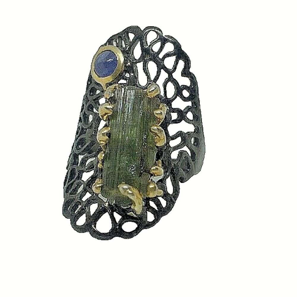Tourmaline Crystal Ring With Tanzanite Cab Accent | Solid 925 Silver | Size 9
